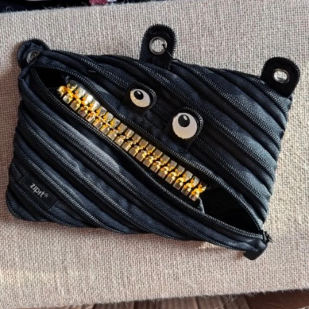 Zip It Binder Pouch (Pencil Bag) - Black with Gold Zipper Mouth & Eyes